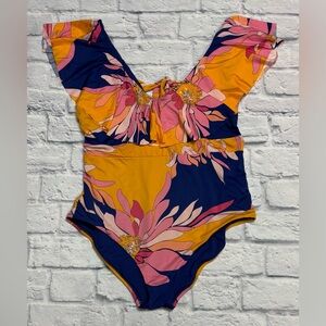 Trina Turk Pink and Yellow One Piece Swimwear with Artistic Floral Design